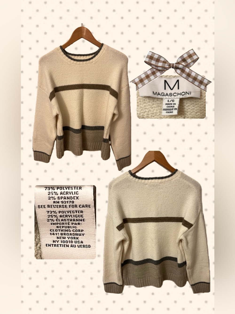 Magaschoni Cream Crewneck Sweater with Brown Stripes